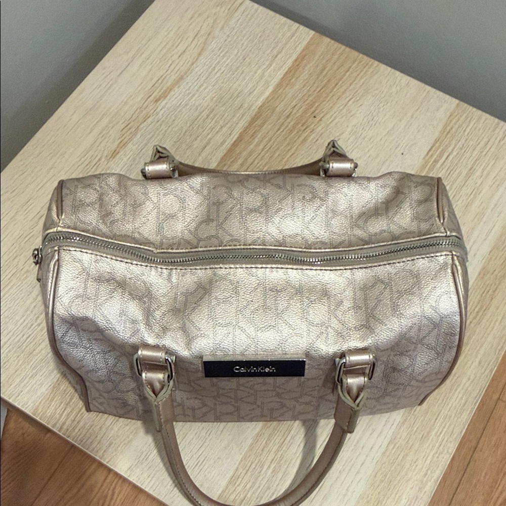 Calvin Klein Metallic Taupe Leather Satchel with Shoulder Strap/ Excellent - Picture 10 of 16